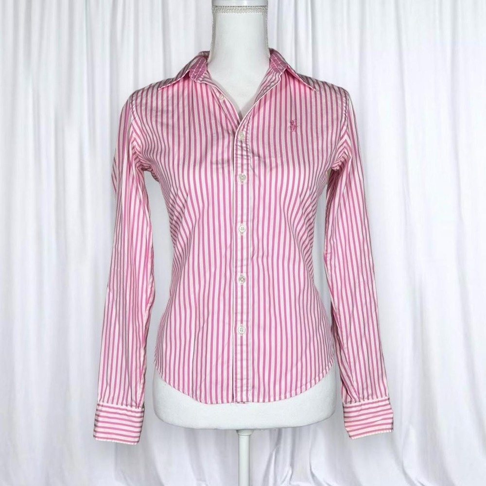 Ralph Lauren Pink White Striped Long Sleeve Button Up Shirt